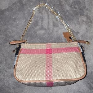 Stylish Tan and Pink Checkered Women's Bag